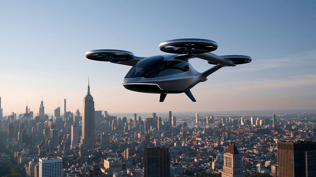 electric aerial vehicle flying above modern cityscape representing future transportation and autonomous urban mobility innovation
