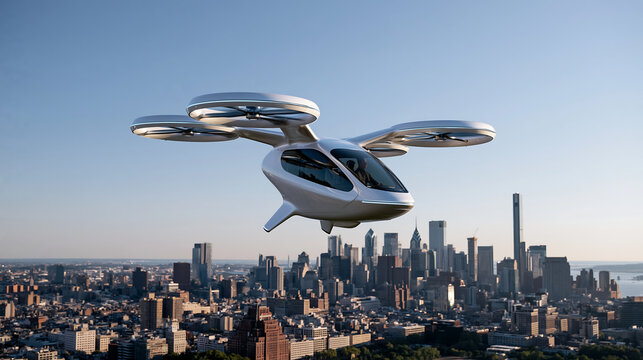 electric aerial vehicle flying above modern cityscape representing future transportation and autonomous urban mobility innovation