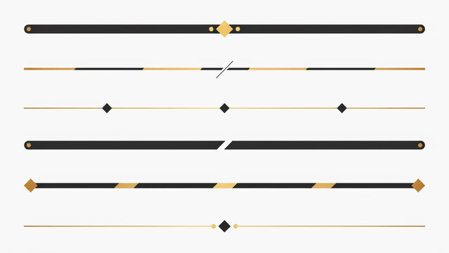 Six horizontal decorative line dividers with black and gold geometric accents isolated on a white background