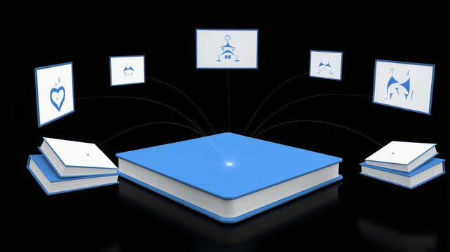 Blue book with floating digital screens and pencil motion animation demonstrating knowledge transfer and data exchange in 3d render footage