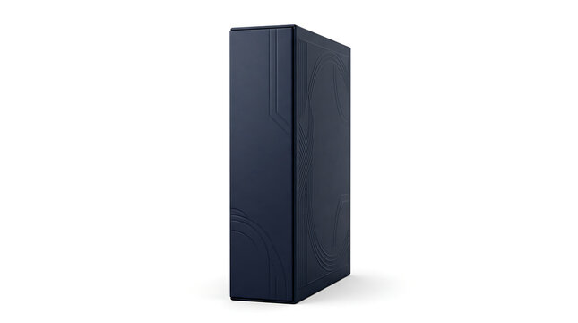 Vertical dark blue computer tower casing resting on a flat surface against a plain white background.