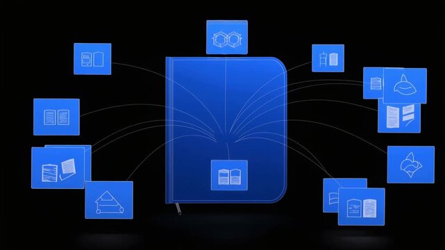 Blue digital notebook expanding with multiple connected menu icons in this seamless abstract animation clip for professional corporate data presentation