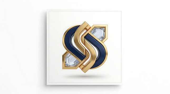 3D luxury gold and dark blue monogram letter emblem on white background.