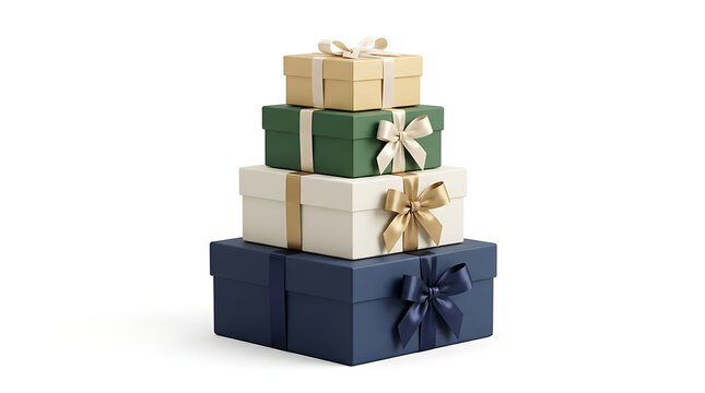 A tall stack of colorful wrapped gift boxes decorated with ribbon bows.