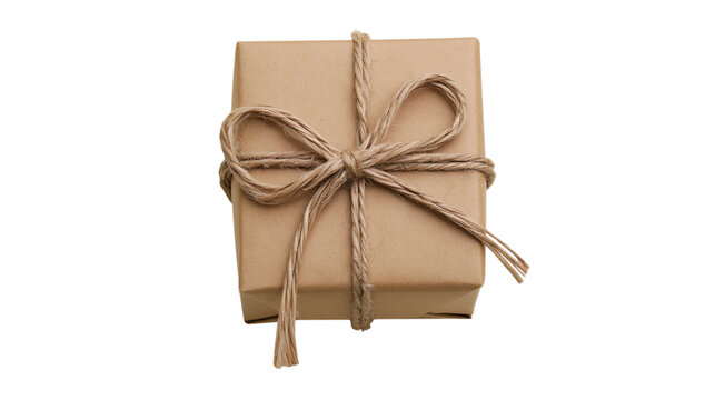 Wrapped parcel with twine tied neatly, conveying warmth and rustic charm, perfect gift concept for celebrations, isolated on transparent background