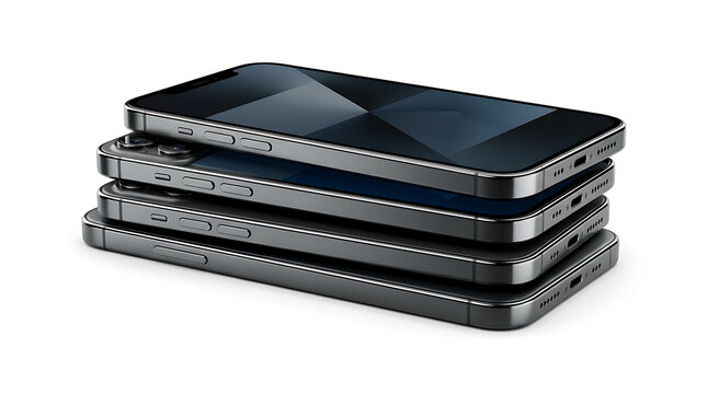 A neat stack of four dark colored smartphones resting on a flat surface.