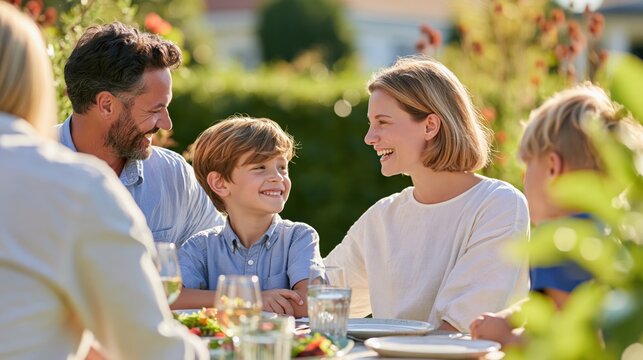 Happy blended family enjoying a meal together outdoors on a sunny day