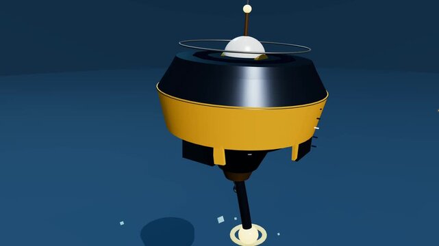 3D animation of a kinetic flywheel energy accumulator buoy tethered underwater simulating wave energy conversion and renewable power generation technology