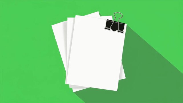 White paper sheets stacked and secured by black metal binder clip against vibrant green background motion animation graphic project file