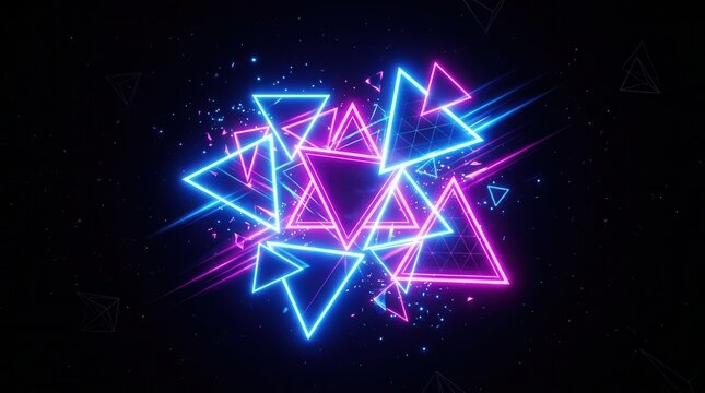 Y2k retro neon style abstract background with glowing blue and pink triangles for computer graphic art.
