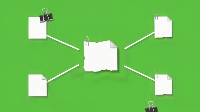 White paper sheets connected to center node with binder clips motion animation sequence for professional business communication process flow diagram