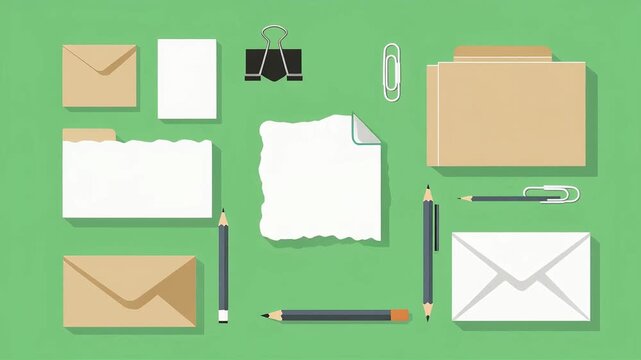 Office supplies animation featuring various stationery items appearing on a green surface in this minimalist digital motion graphic video clip
