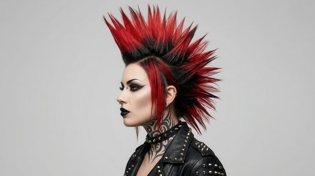 A side profile view of a woman punk rocker with a spiky red and black tall mohawk haircut.