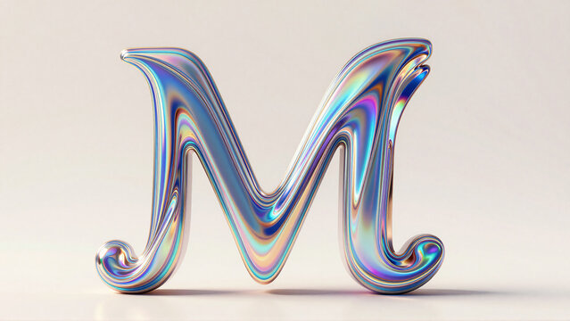 Iridescent 3D Letter M with Holographic Liquid Texture