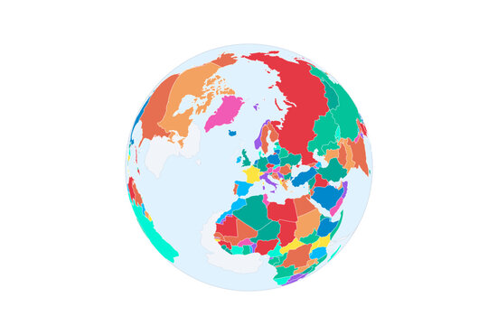 A colourfu world map globe displays continents and countries against a white background, cartography, geograp international mapping, multicoloured navigati political regions sphere travel atlas, and b
