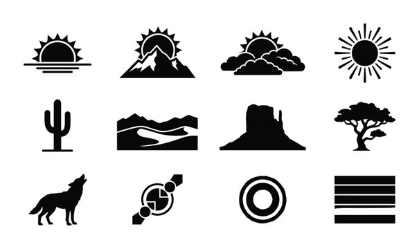 Desert Landscape Icons Set: Sun, Cactus, Mountains, Wolf, Tree, Abstract Shapes for Nature and Travel Graphics