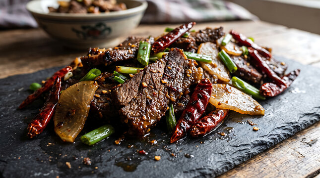 Hyper Realistic 9K Diagonal Angle Close Up Bhutanese Shakam Paa Dried Beef with Red Chilies and Radish Food Photography