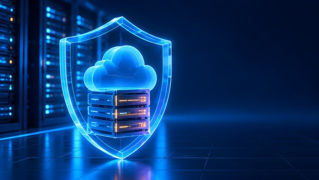 Glowing blue digital shield protecting a cloud computing icon and server rack representing advanced cybersecurity and secure data backup