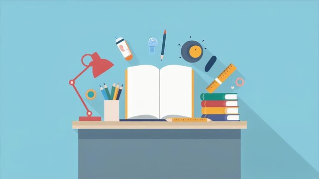 Animated desk workspace featuring floating stationery items like books and pencils appearing in a fun creative digital motion video clip