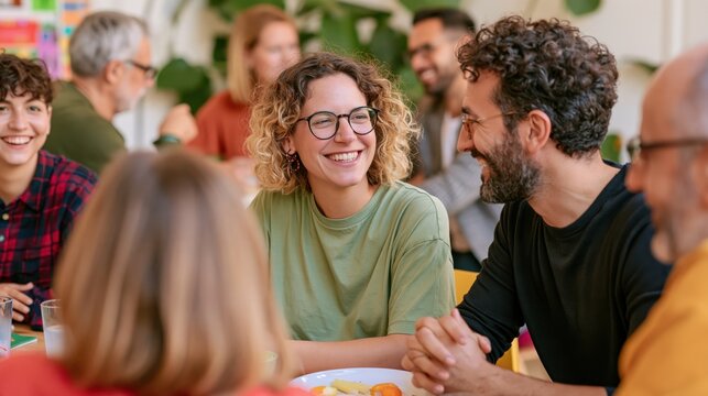 Diverse group of people sharing a meal and laughing together at a table