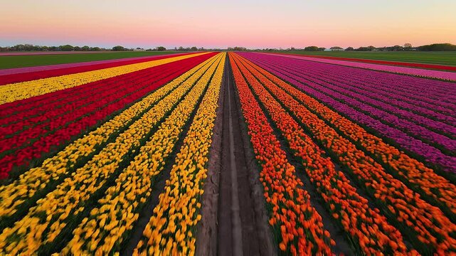 Tulip Field in Netherlands Aerial Drone Shot Flying Over Symmetrical Colorful Flower Rows at Sunrise