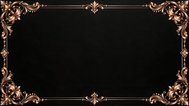 Wide Luxury Gala Invitation Border Banner With Metallic Rose Gold Baroque Scrollwork On Black