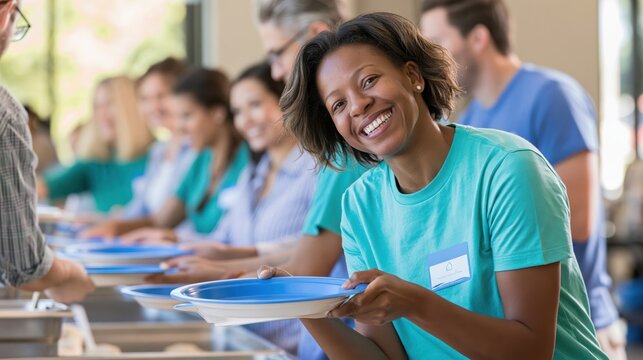 Volunteers happily serving food plates in a line at a community event