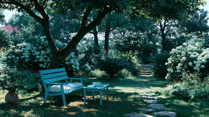 Obraz premium peaceful garden bench surrounded by trees and flowers with dappled sunlight representing tranquil outdoor nature retreat