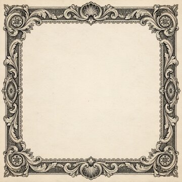 Square Academic Diploma Frame In Authentic Vintage Banknote Intaglio Engraving On Parchment Paper