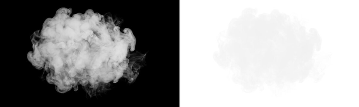 Dense white smoke cloud or steam puff isolated on black background isolated on transparent background