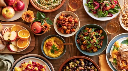 Fototapeta premium Abundant harvest table spread with diverse dishes and fresh fruits