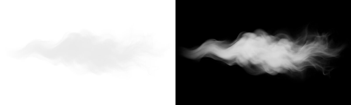 White smoke stream or vapor cloud effect on black background isolated on transparent background
