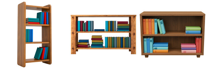 Three wooden bookshelves filled with colorful books, isolated on transparent background © HongHanh