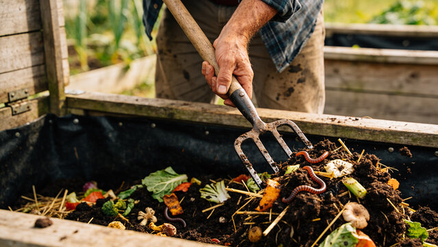 Hand turns compost to recycle agricultural waste into nutrients for soil