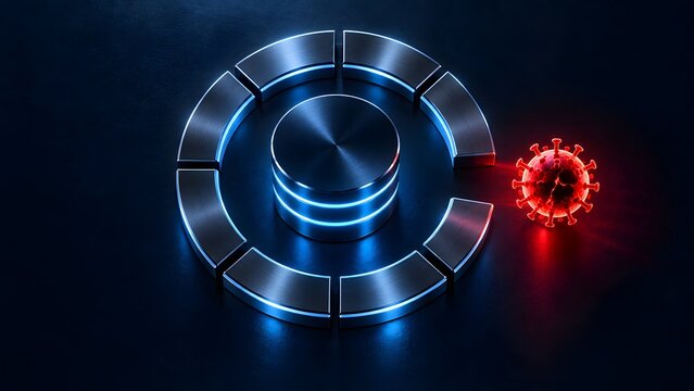 Futuristic Data Center Server Breach with Red Malware Virus Entering Broken Metallic Ring Shield for Cyber Attack Vulnerability Concept
