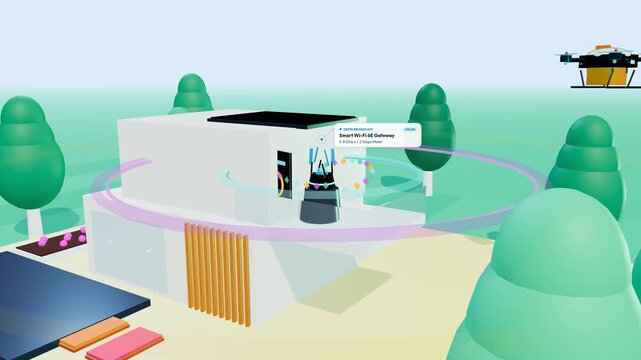 3D animation of a Decentralized Physical Infrastructure Network DePIN concept where a smart home shares its Wi-Fi connection with a delivery drone to earn crypto token rewards