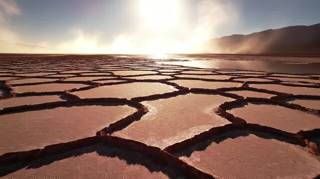 Atacama Desert Salt Flat with Cracked Earth Patterns at Sunset, Low-Angle Aerial View