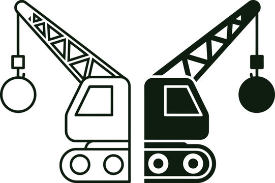Black and white construction crane illustration with wrecking ball
