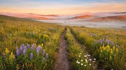 Obraz premium Stunning sunrise over a tranquil meadow filled with vibrant wildflowers and a winding dirt path.
