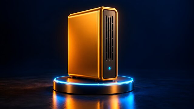 3D golden external hard drive standing on a glowing blue futuristic pedestal representing premium data storage and secure server technology.