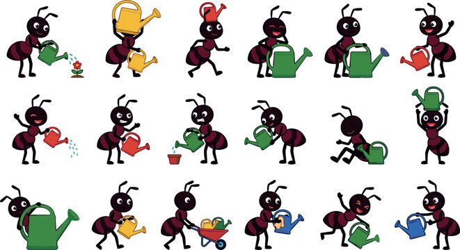 Set of cute cartoon ants with watering cans, gardening activities, funny insects characters, vector illustration