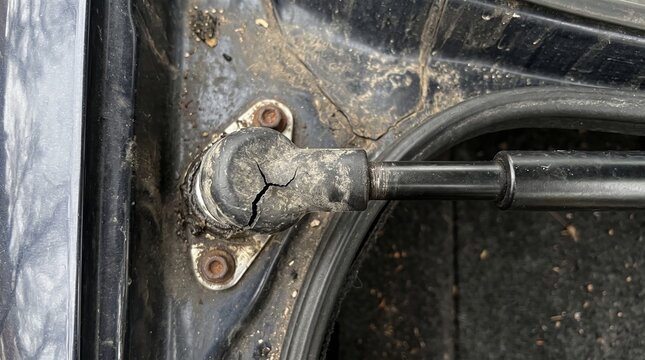 Damaged car trunk gas strut mount with cracked plastic housing and rust