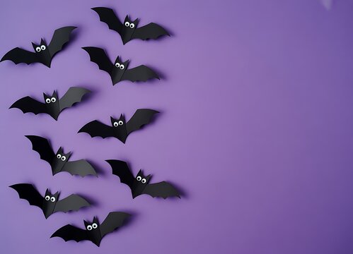 A swarm of black paper bats flies across a vibrant purple background for halloween
