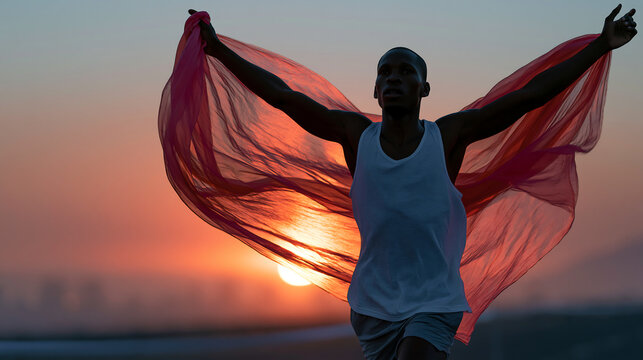 energetic silhouette on beach holding vibrant red fabric while sun sets over ocean symbolizing celebration and liberation