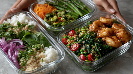 Obraz premium nutritious homemade lunch boxes containing chicken skewers colorful noodles and fresh vegetables for clean eating diet plan