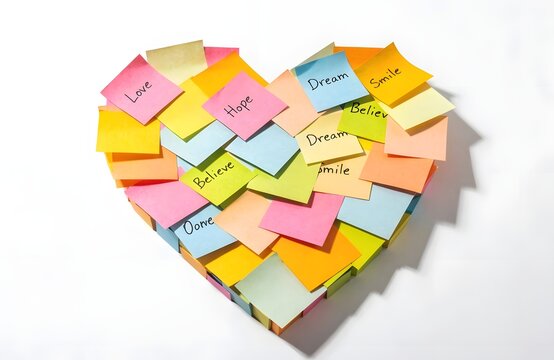 Colorful sticky notes arranged in heart shape with positive words