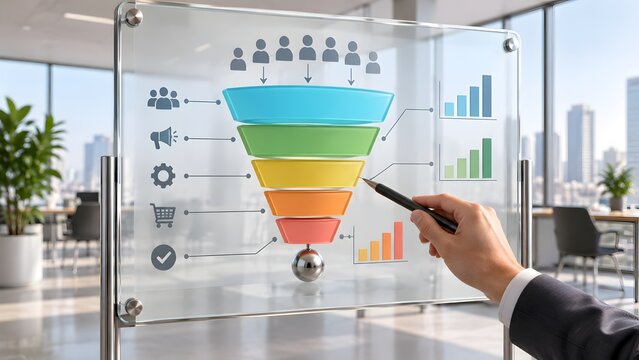 Businessman hand drawing a colorful 3D sales funnel with marketing icons on a glass board representing business strategy and conversion optimization.