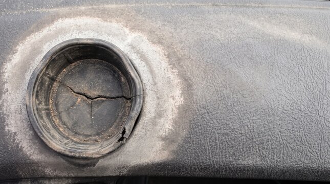 Close up of a cracked rubber car dashboard surface with a circular vent