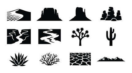 Fototapeta premium Desert Landscape Icons, Arid Environment Vector Graphics, Natural Scenery Silhouettes