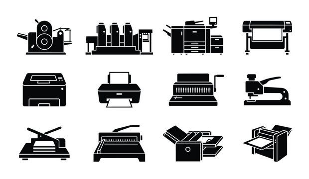 Printing Press Icons, Offset Machine, Digital Printer, Plotter, 12 Vector Graphics Set